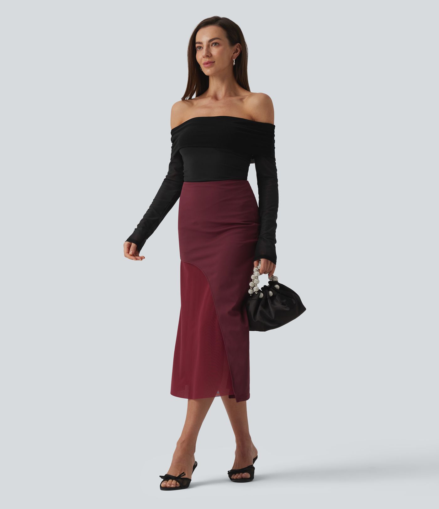 SoftlyZero™ Plush Off Shoulder Mesh Long Sleeve Top