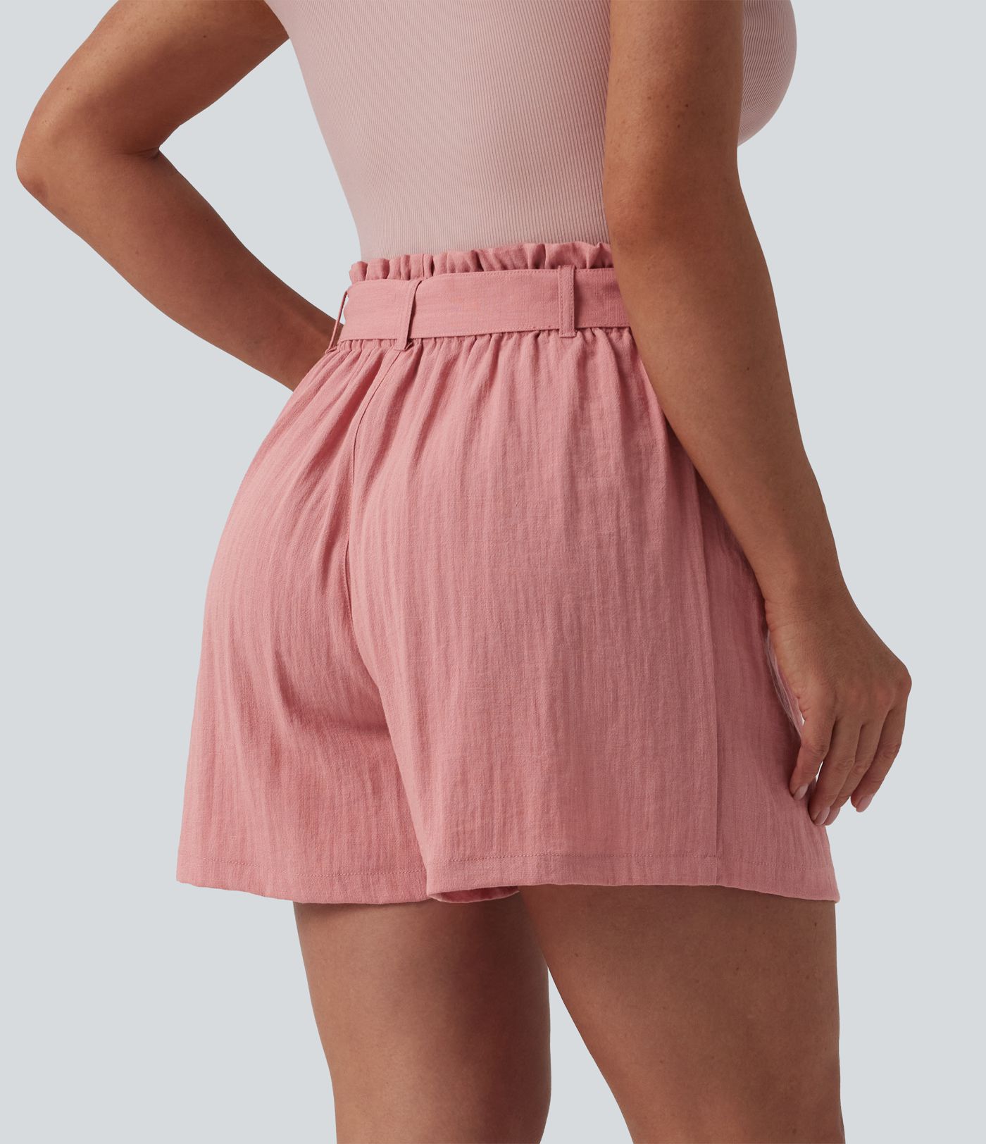 High Waisted Tie Front Casual Linen-Feel Shorts with Pockets