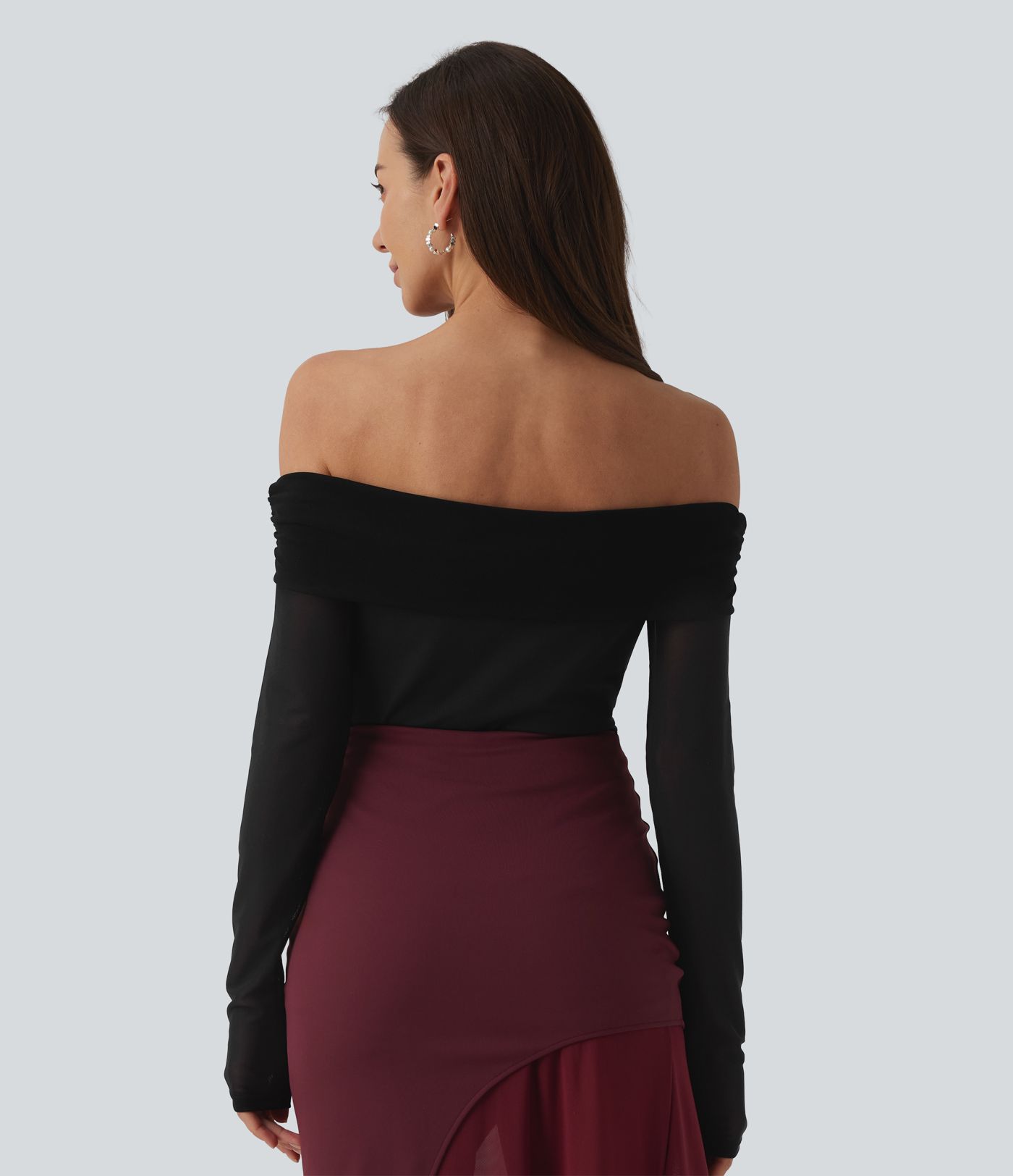 SoftlyZero™ Plush Off Shoulder Mesh Long Sleeve Top