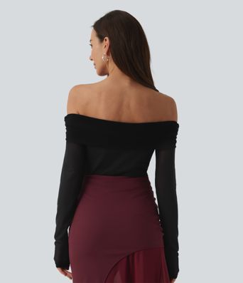 SoftlyZero™ Plush Off Shoulder Mesh Long Sleeve Top