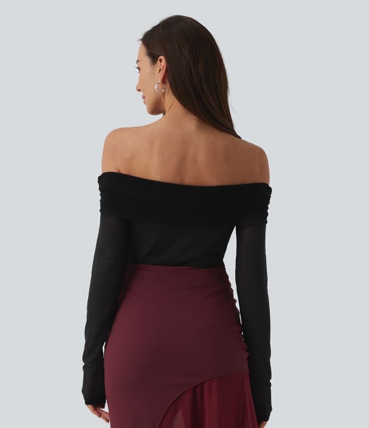SoftlyZero™ Plush Off Shoulder Mesh Long Sleeve Top