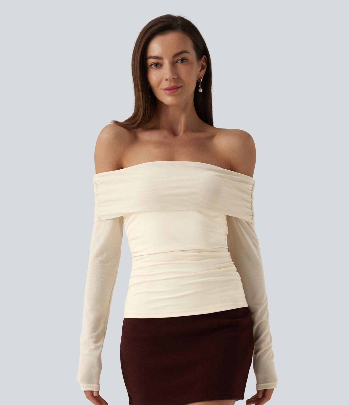 SoftlyZero™ Plush Off Shoulder Mesh Long Sleeve Top