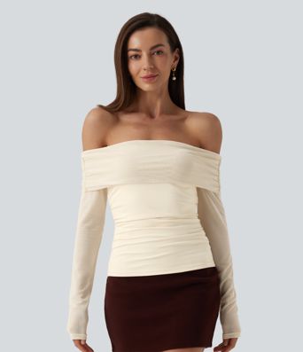 SoftlyZero™ Plush Off Shoulder Mesh Long Sleeve Top
