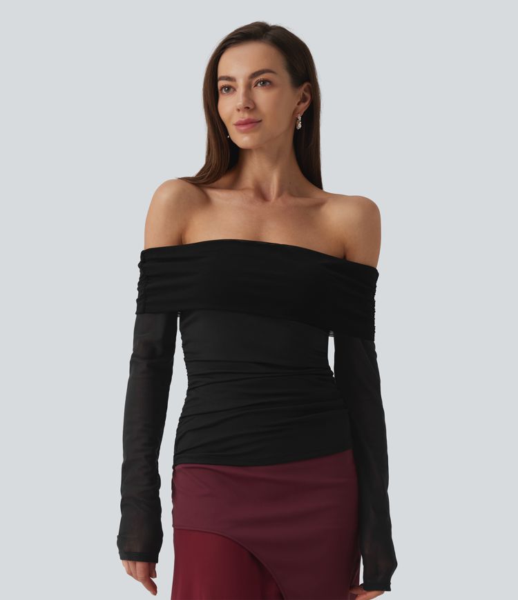 SoftlyZero™ Plush Off Shoulder Mesh Long Sleeve Top