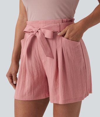 High Waisted Tie Front Casual Linen-Feel Shorts with Pockets