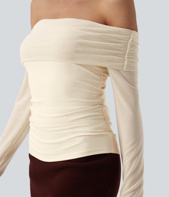 SoftlyZero™ Plush Off Shoulder Mesh Long Sleeve Top