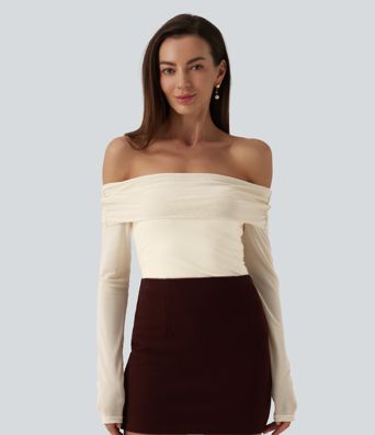 SoftlyZero™ Plush Off Shoulder Mesh Long Sleeve Top