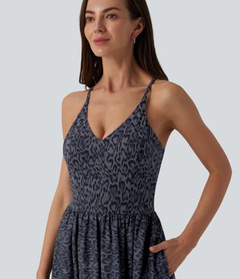 Leopard Print Flowy Maxi Casual Slip Dress with Pockets