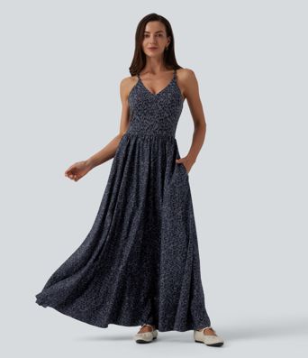 Leopard Print Flowy Maxi Casual Slip Dress with Pockets