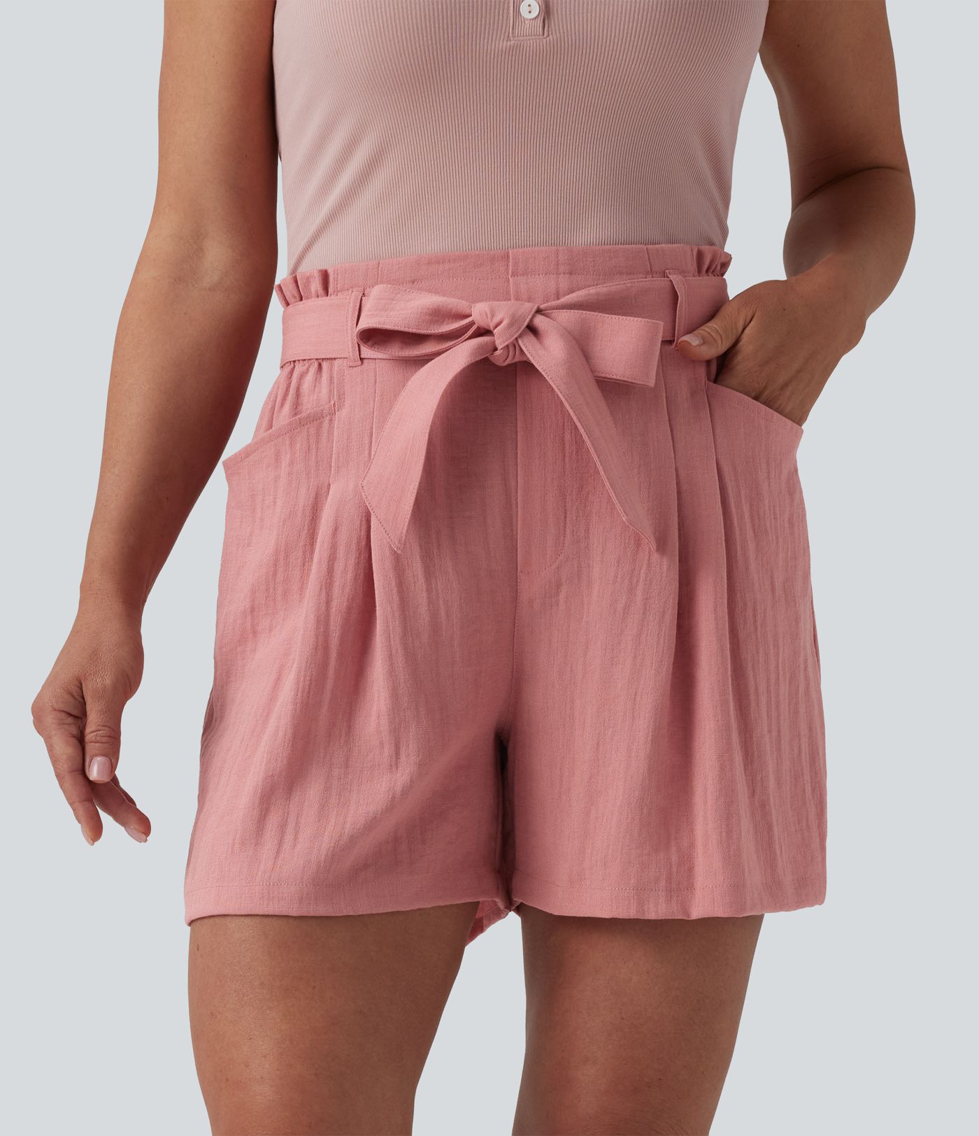 High Waisted Tie Front Casual Linen-Feel Shorts with Pockets