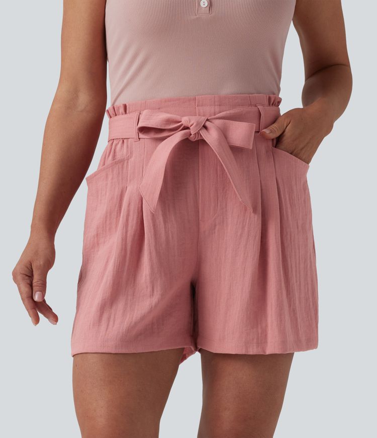 High Waisted Tie Front Casual Linen-Feel Shorts with Pockets