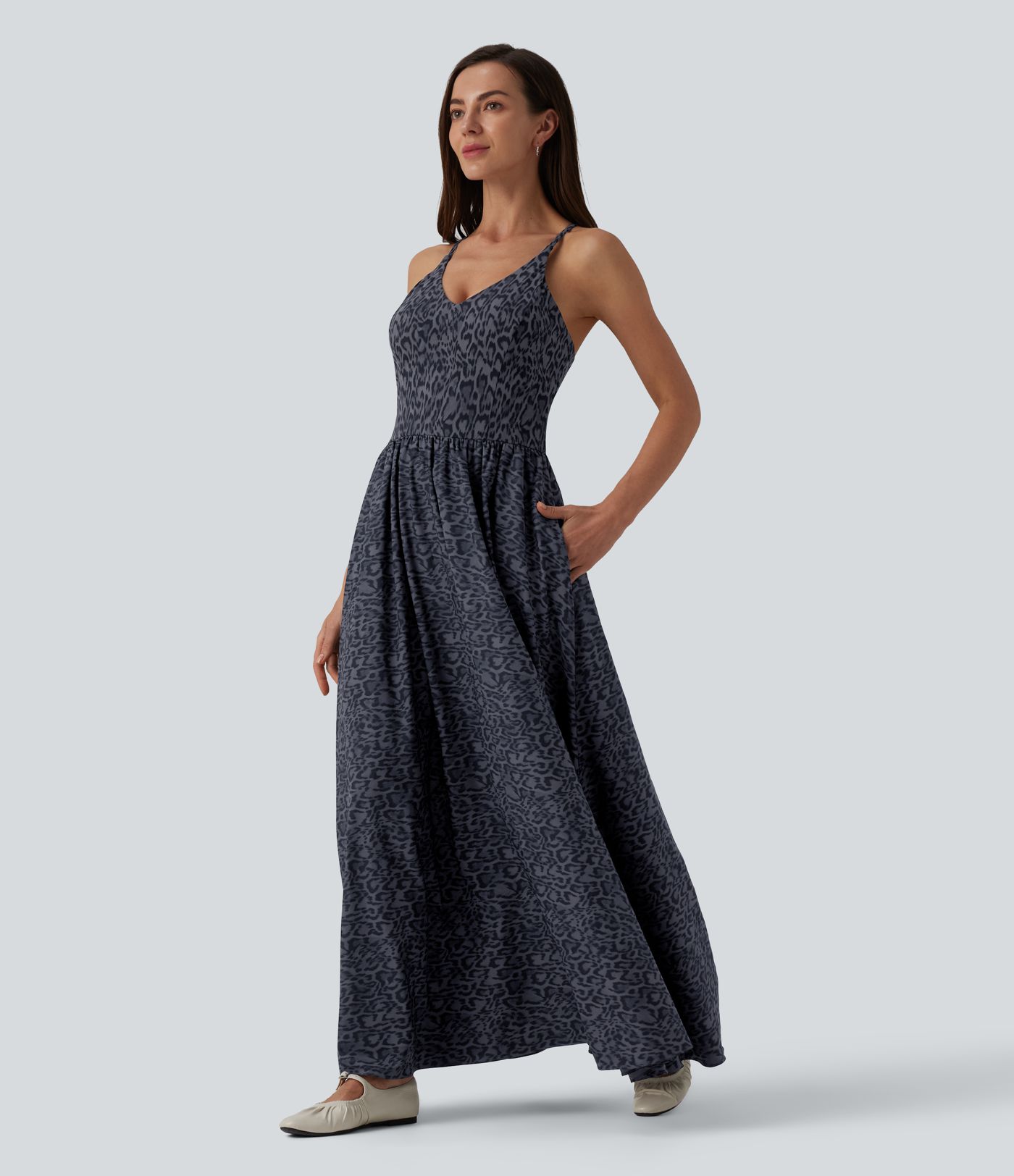 Leopard Print Flowy Maxi Casual Slip Dress with Pockets
