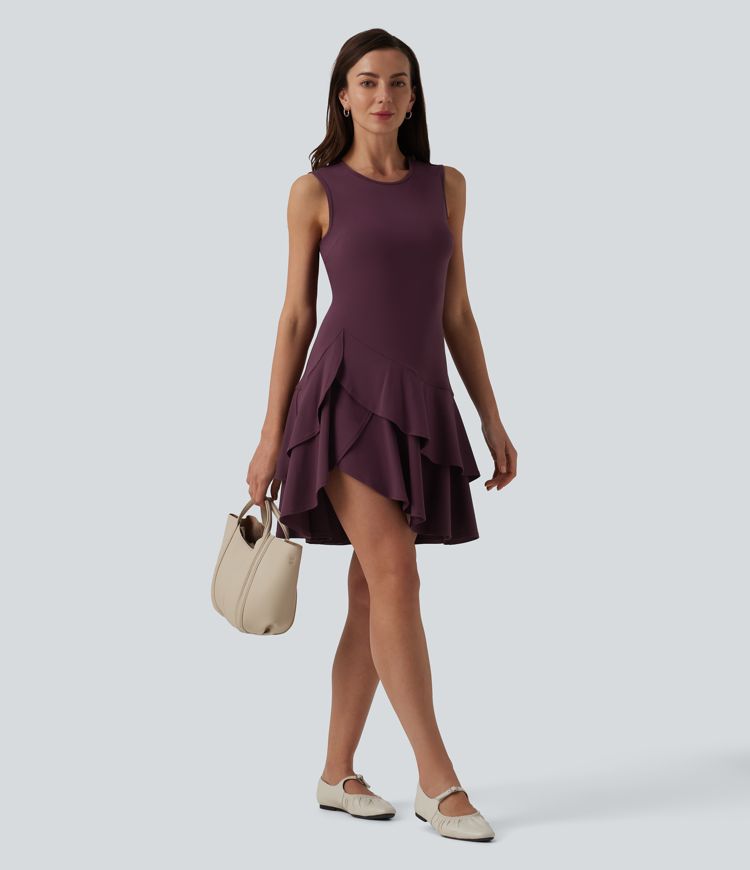 SoftlyZero™ Airy Round Neck Sleeveless Layered Ruffle Hem Cool Touch Mini Casual Dress