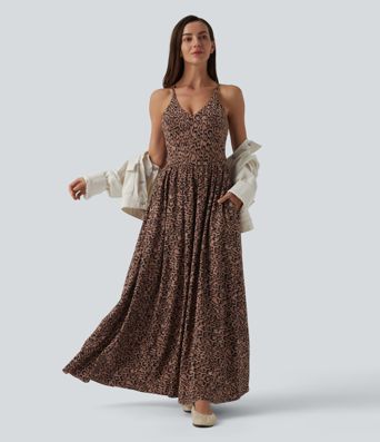 Robe longue fluide décontractée bretelles imprimé léopard avec poches