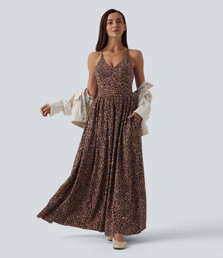 Robe longue fluide décontractée bretelles imprimé léopard avec poches