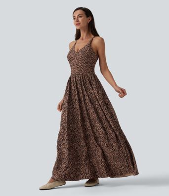 Robe longue fluide décontractée bretelles imprimé léopard avec poches