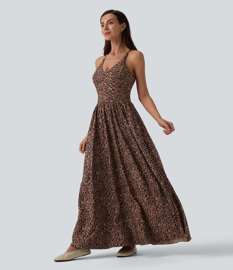 Robe longue fluide décontractée bretelles imprimé léopard avec poches