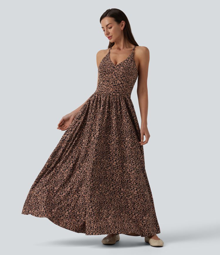Robe longue fluide décontractée bretelles imprimé léopard avec poches