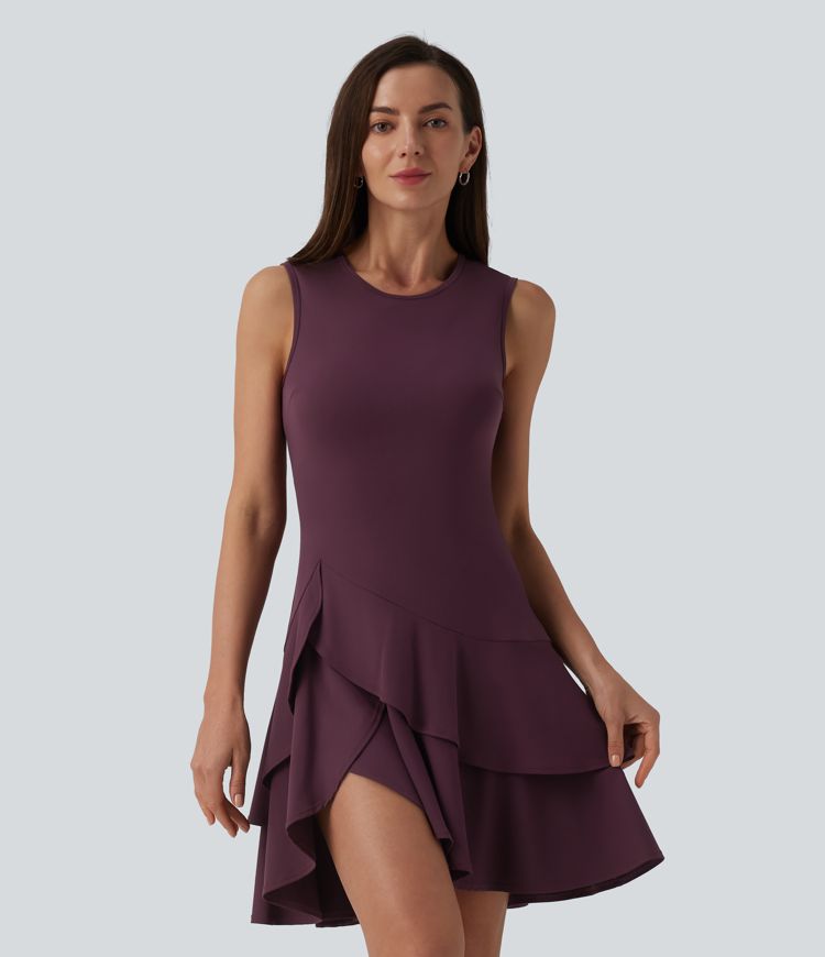 SoftlyZero™ Airy Round Neck Sleeveless Layered Ruffle Hem Cool Touch Mini Casual Dress