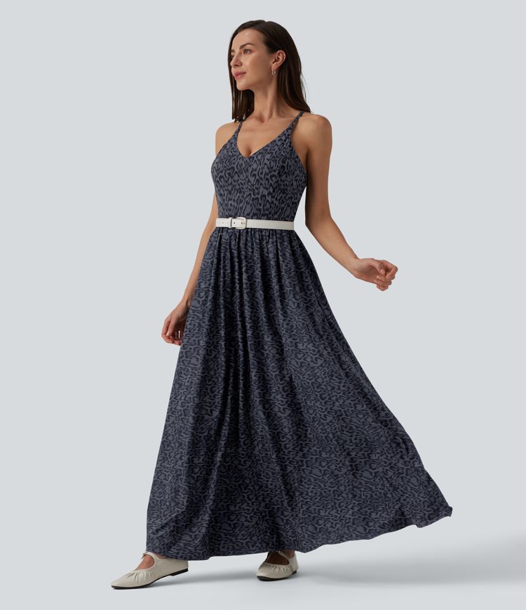 Leopard Print Flowy Maxi Casual Slip Dress with Pockets