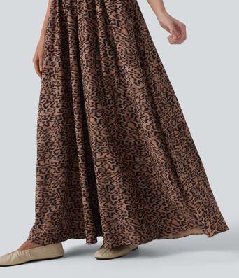 Robe longue fluide décontractée bretelles imprimé léopard avec poches