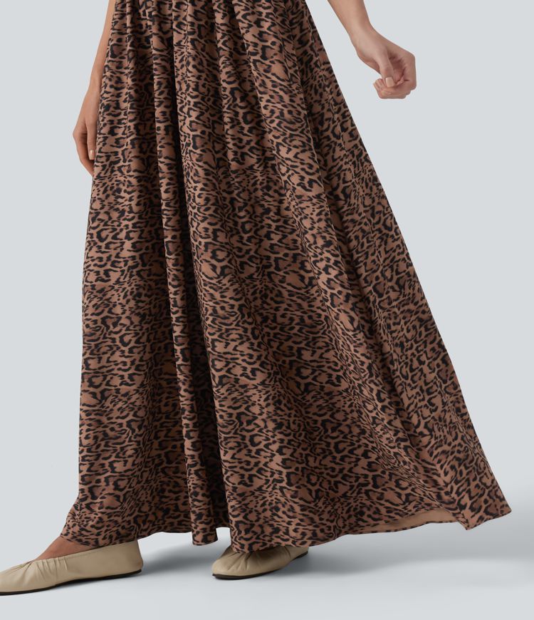 Robe longue fluide décontractée bretelles imprimé léopard avec poches