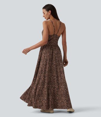 Robe longue fluide décontractée bretelles imprimé léopard avec poches