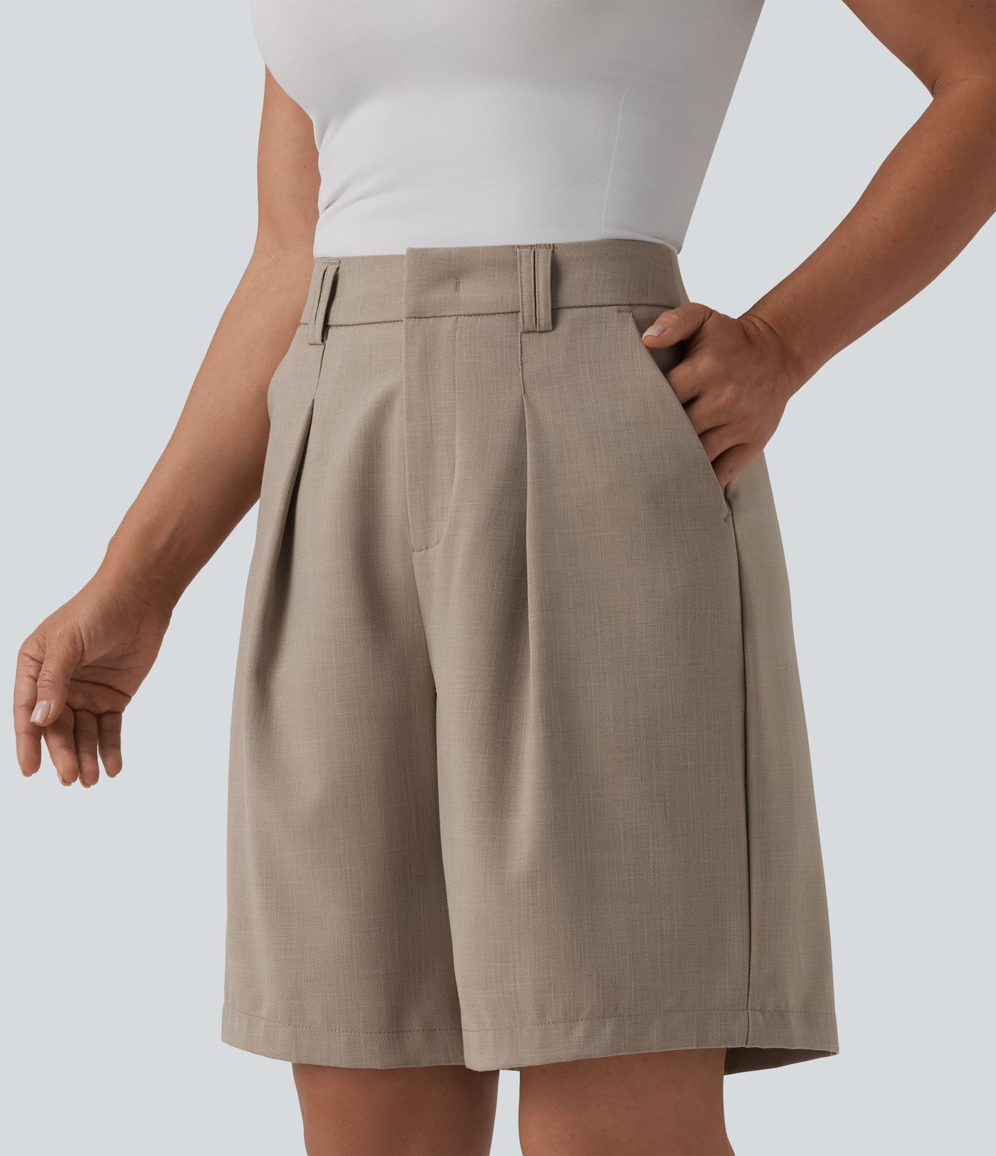 High Waisted Work Linen-Feel Bermuda Shorts with Pockets
