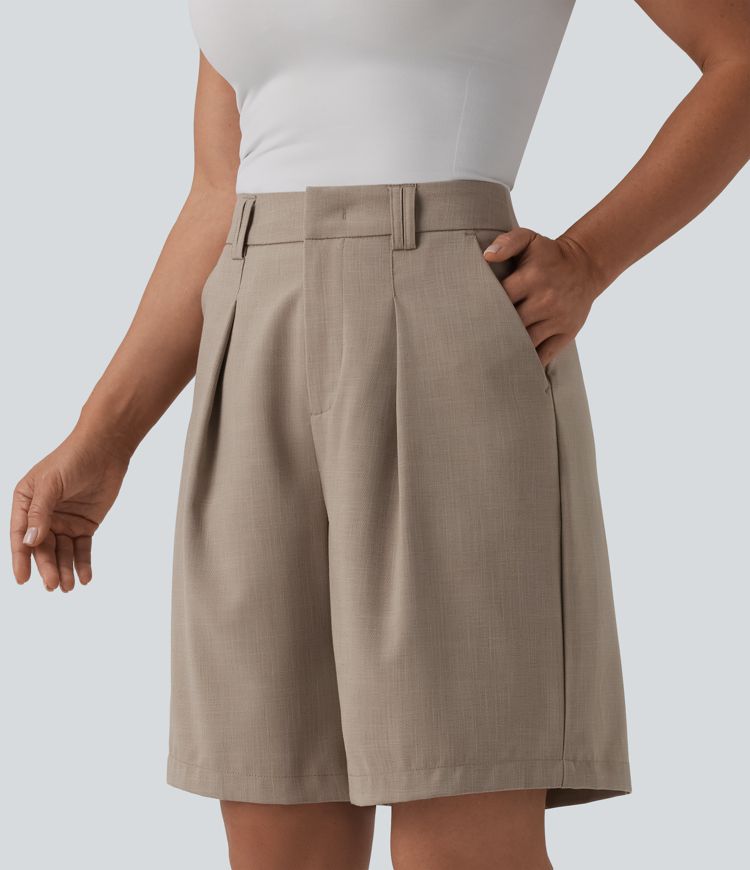 High Waisted Work Linen-Feel Bermuda Shorts with Pockets