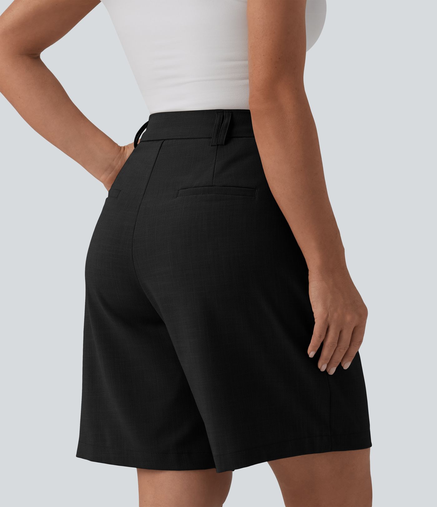 High Waisted Work Linen-Feel Bermuda Shorts with Pockets