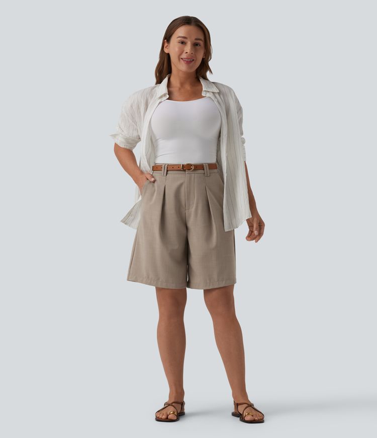 High Waisted Work Linen-Feel Bermuda Shorts with Pockets