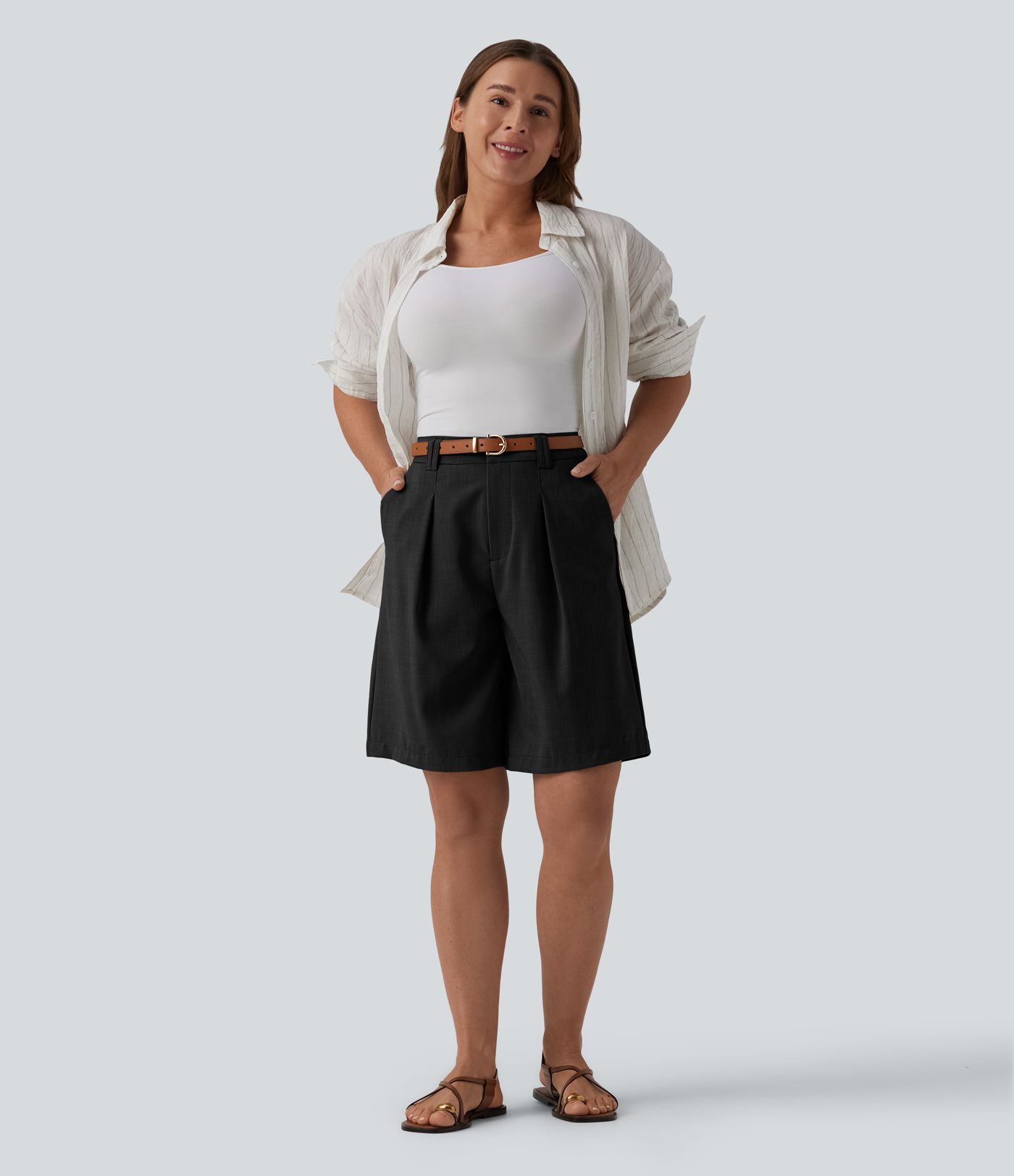 High Waisted Work Linen-Feel Bermuda Shorts with Pockets