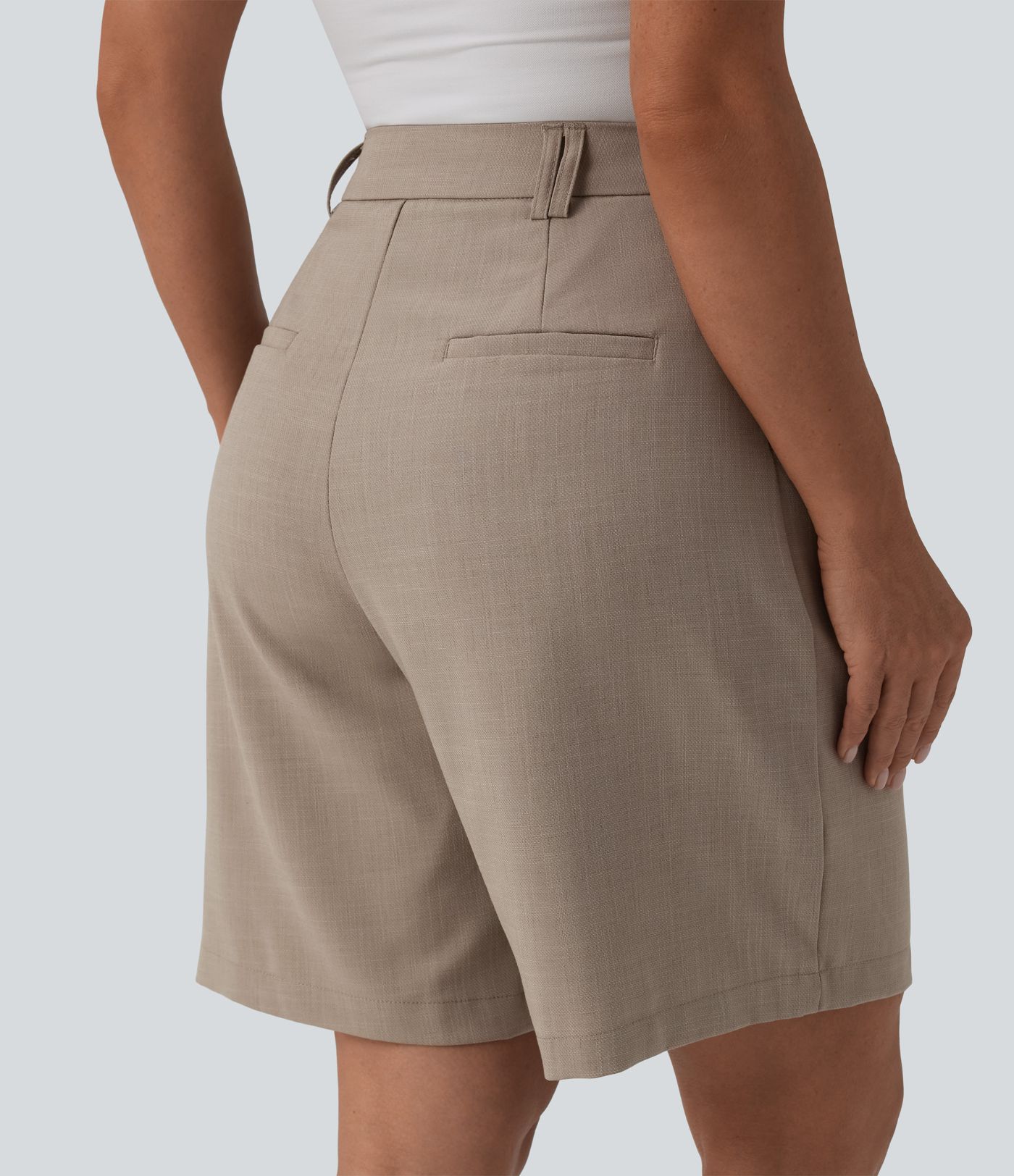 High Waisted Work Linen-Feel Bermuda Shorts with Pockets