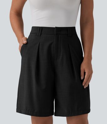 High Waisted Work Linen-Feel Bermuda Shorts with Pockets