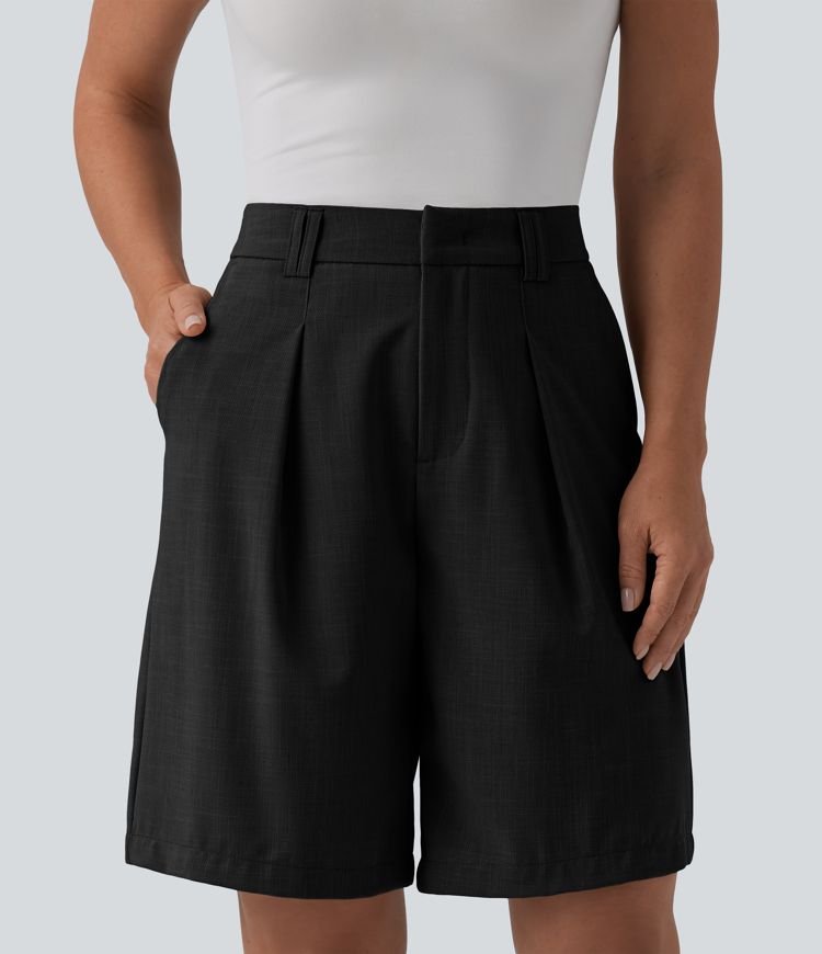 High Waisted Work Linen-Feel Bermuda Shorts with Pockets