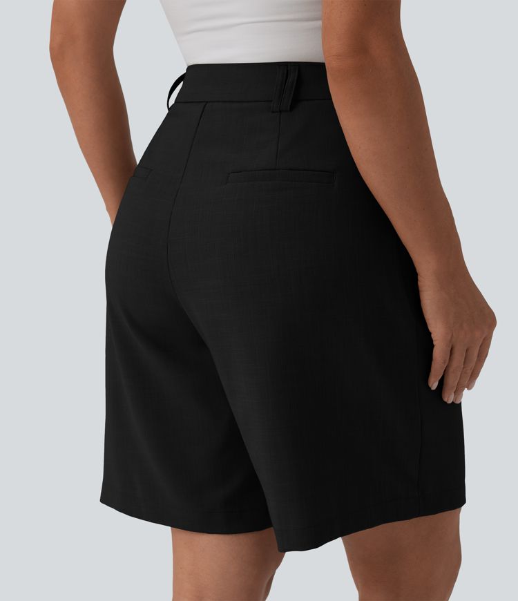 High Waisted Work Linen-Feel Bermuda Shorts with Pockets