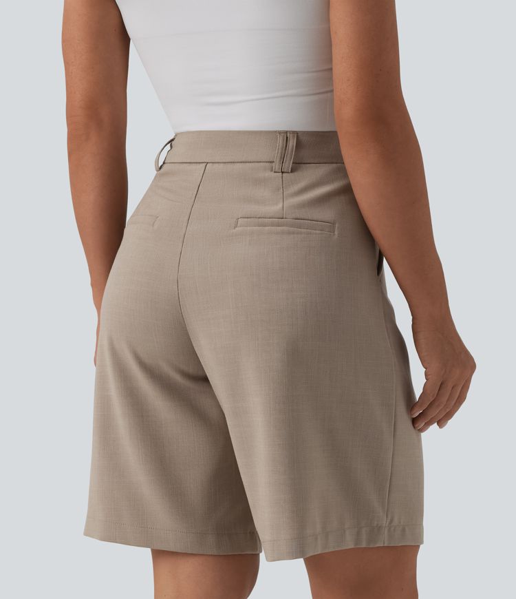 High Waisted Work Linen-Feel Bermuda Shorts with Pockets
