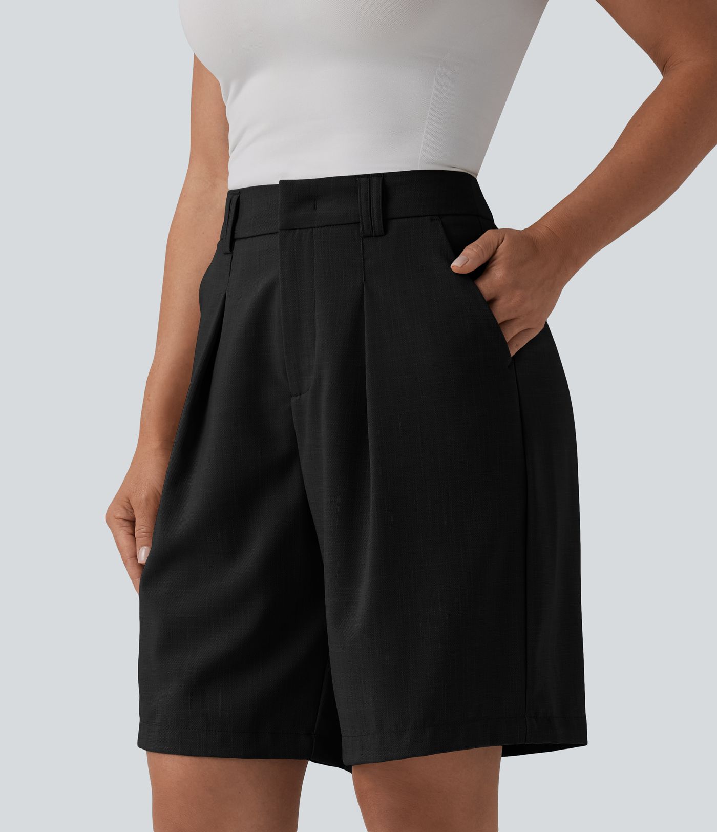 High Waisted Work Linen-Feel Bermuda Shorts with Pockets