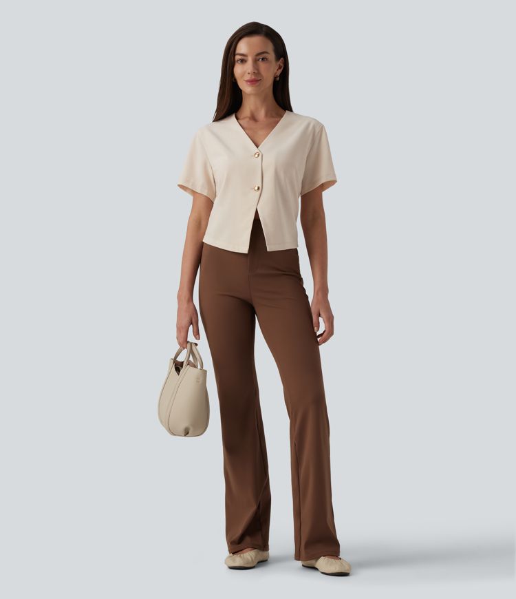 V Neck Short Sleeve Work Linen-Feel Blouse