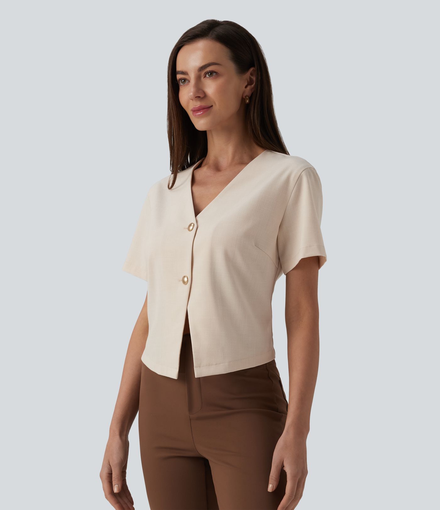 V Neck Short Sleeve Work Linen-Feel Blouse