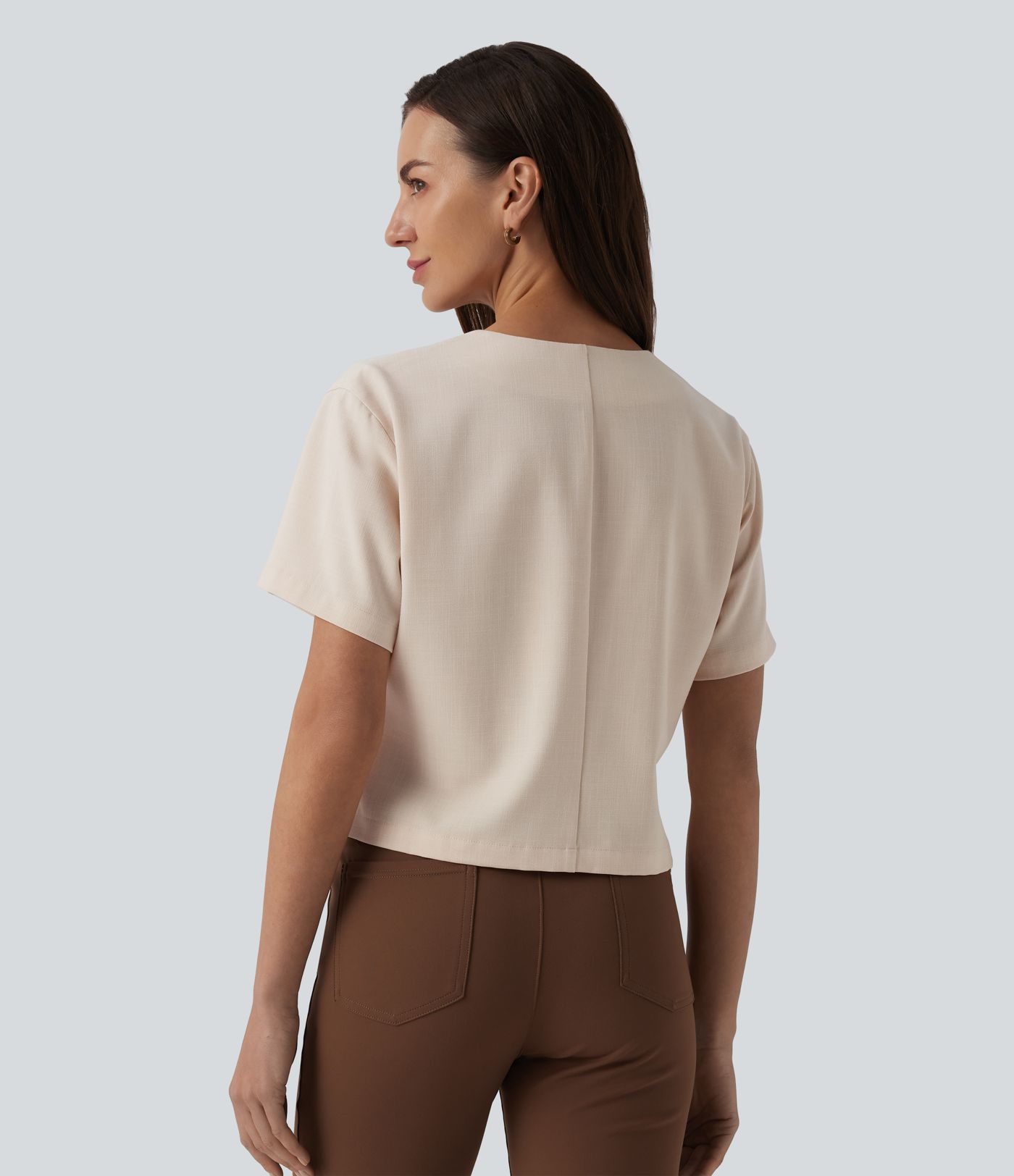 V Neck Short Sleeve Work Linen-Feel Blouse