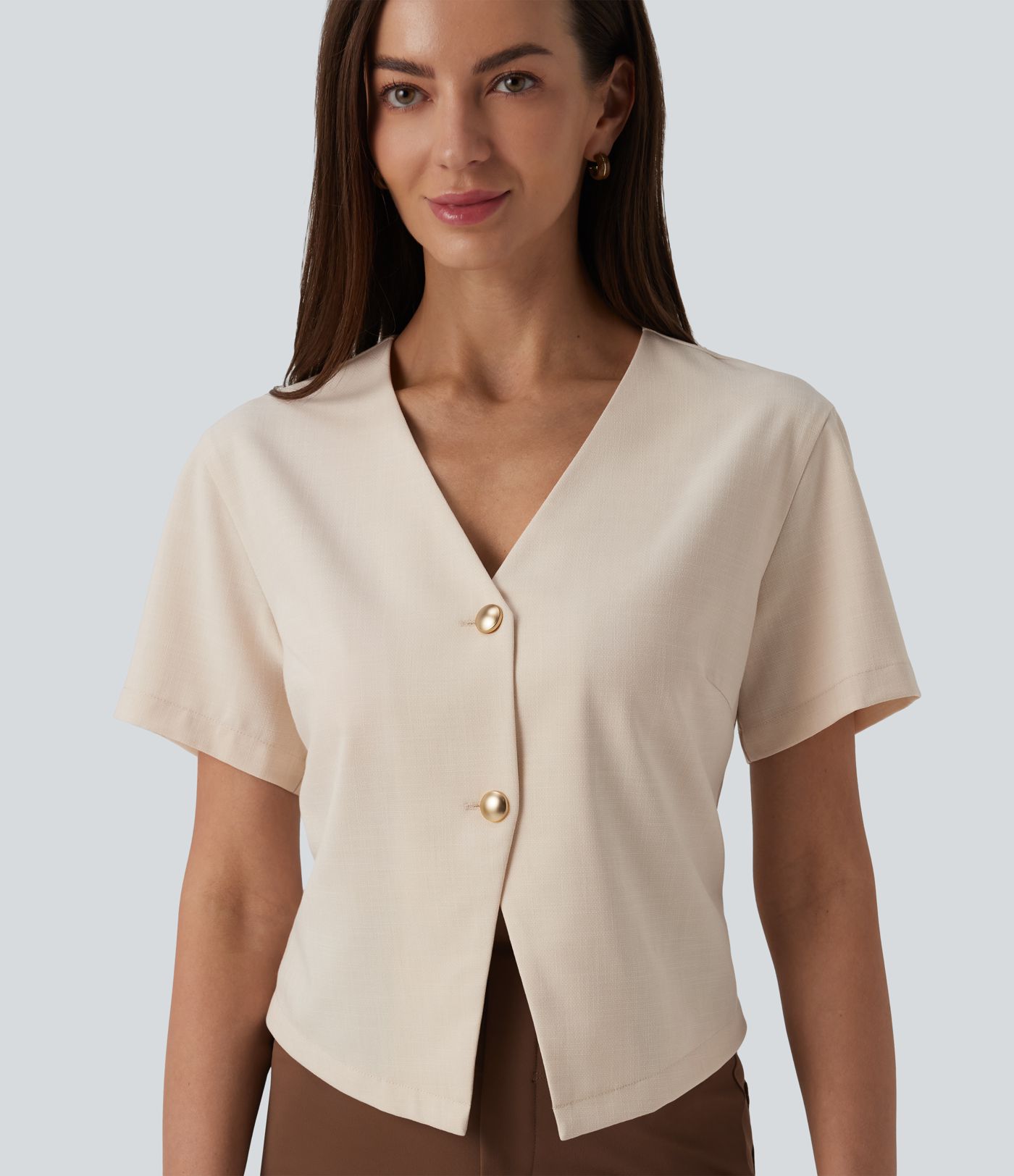 V Neck Short Sleeve Work Linen-Feel Blouse