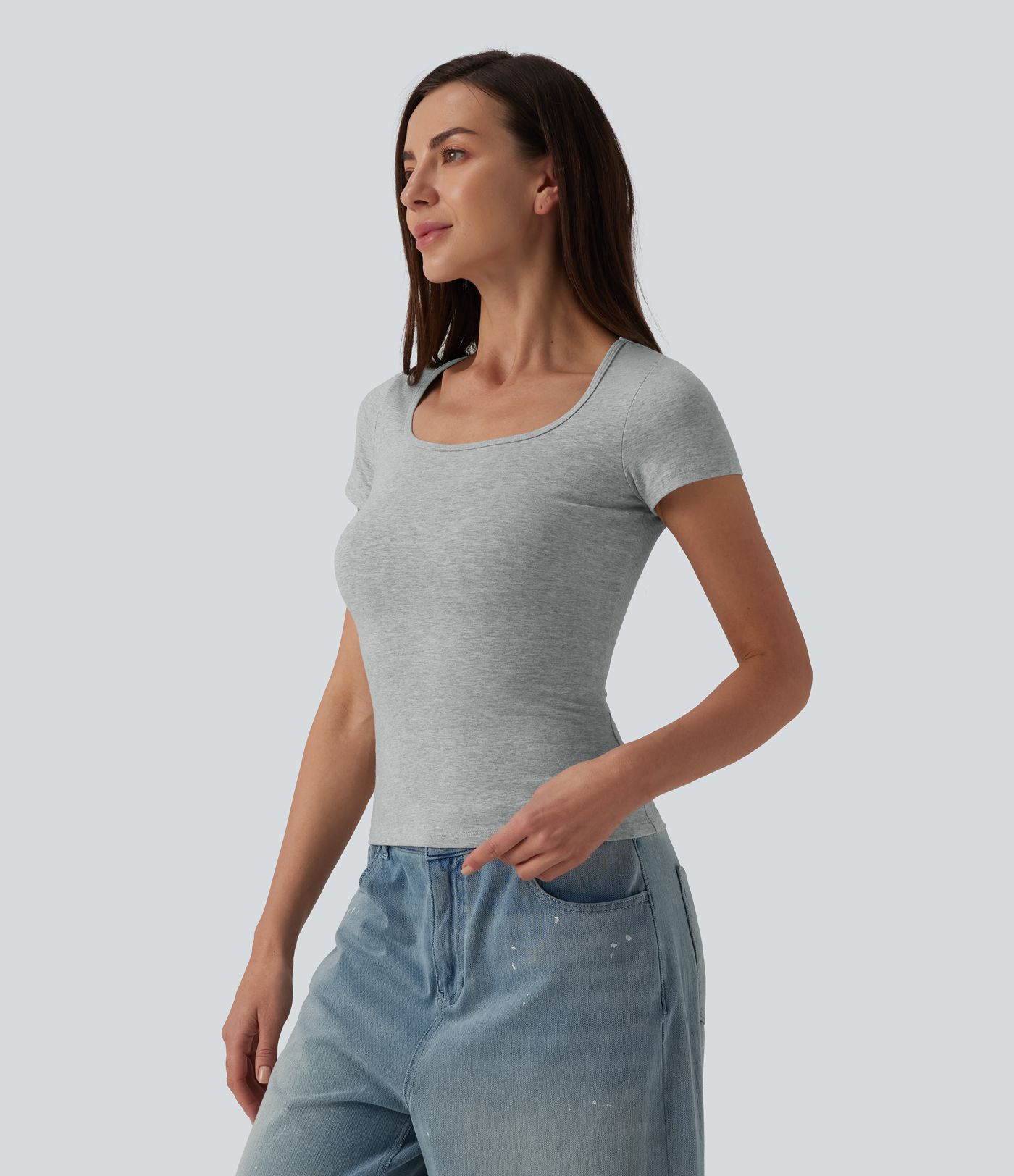 Square Neck Short Sleeve Ultra-slim Heathered Casual Cotton T-Shirt