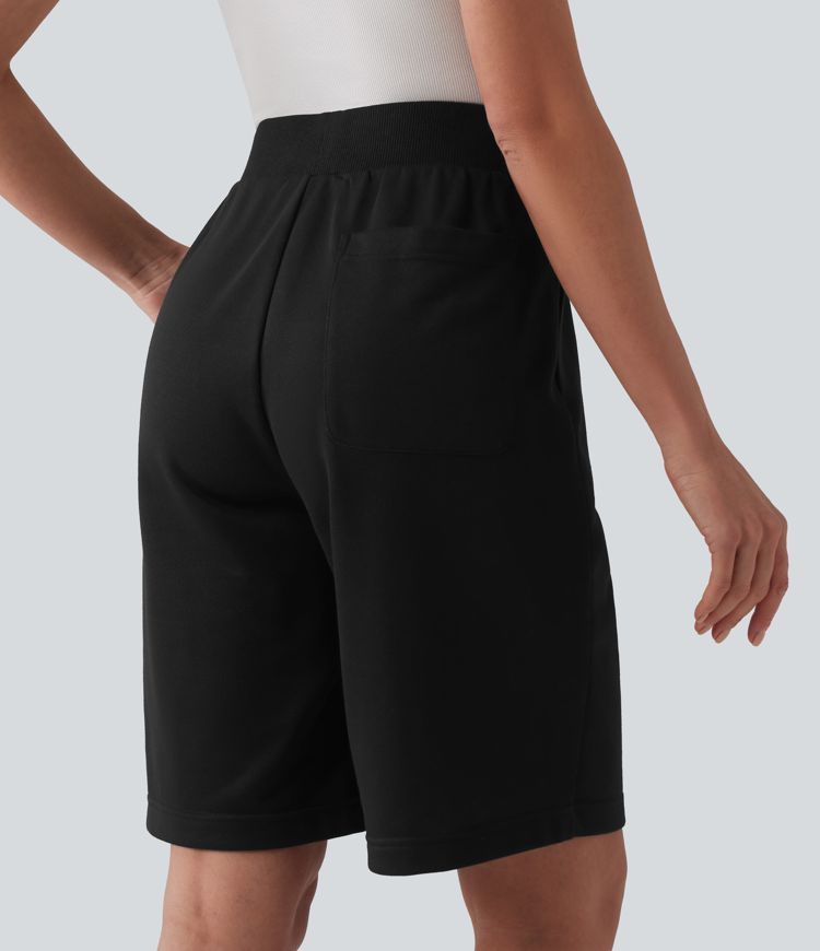 Mid Rise Inner Drawstring French Terry Baggy Casual Bermuda Sweat Shorts with Pockets