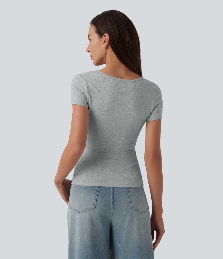 Square Neck Short Sleeve Ultra-slim Heathered Casual Cotton T-Shirt