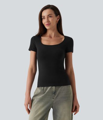 Halara Cotton Jersey Square Neck Short Sleeve Ultra-slim Heathered Casual T-Shirt