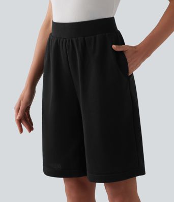 Mid Rise Inner Drawstring French Terry Baggy Casual Bermuda Sweat Shorts with Pockets