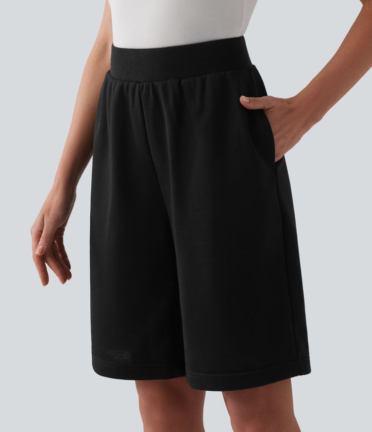 Mid Rise Inner Drawstring French Terry Baggy Casual Bermuda Sweat Shorts with Pockets