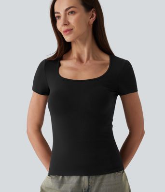 Halara Cotton Jersey Square Neck Short Sleeve Ultra-slim Heathered Casual T-Shirt