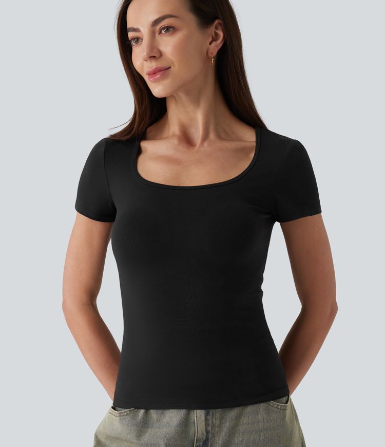 Halara Cotton Jersey Square Neck Short Sleeve Ultra-slim Heathered Casual T-Shirt